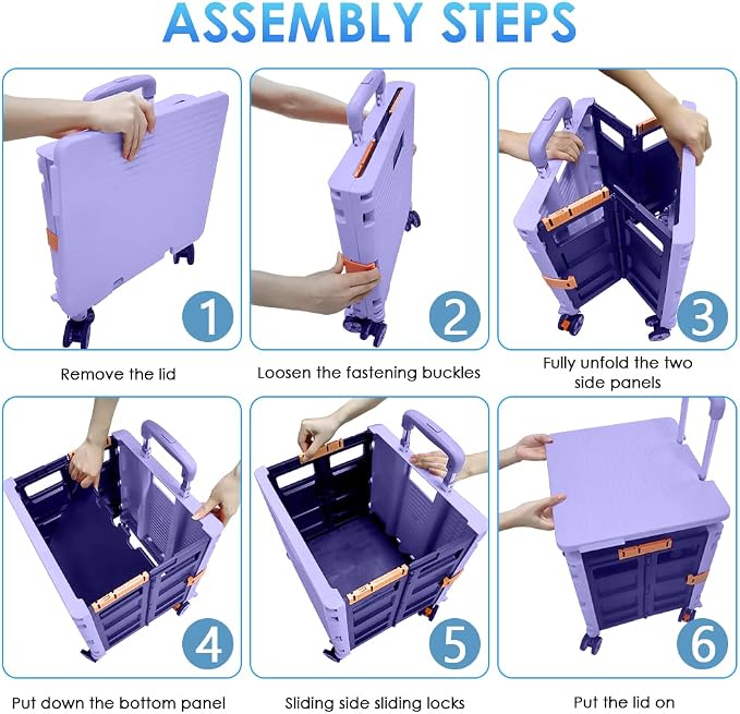 Foldable Utility Cart Portable Collapsible Crate Rolling Carts with Wheels Rolling Tote Basket Teacher Cart with Lid Wear-Resistant 360°Rotate Wheel Noiseless for Shopping Storage Office Use