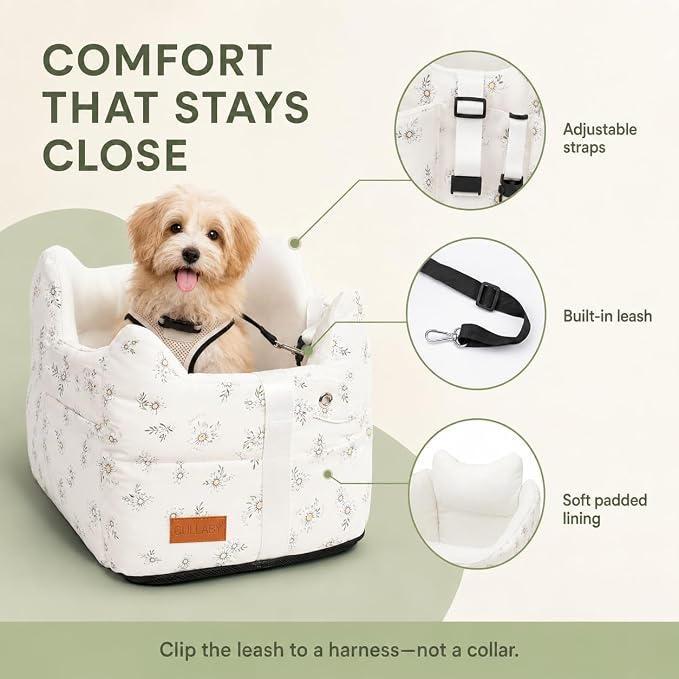 Center Console Dog Car Seat for Small Dogs (Off White) | 5 to 15 lbs, Pet Travel Booster Seat with Safety Leash, Detachable Seat Belt, and Storage Pockets