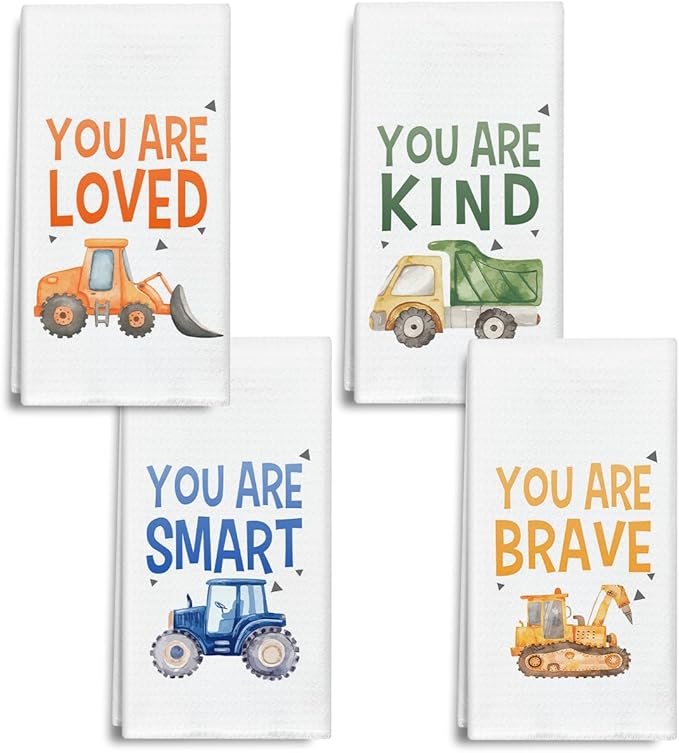 Construction Car You are Brave Kind Kitchen Towels and Dishcloths Set of 4, Inspirational Decorative Kids Hand Towel Drying Cloth for Bathroom, Gift for Boys, 16x24 Inches -02
