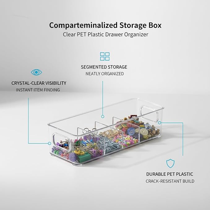 Clear PET Plastic Drawer Organizer with Dividers, Compartmentalized Storage Box for Small Items, 10 x 3.5 x 3 Inches