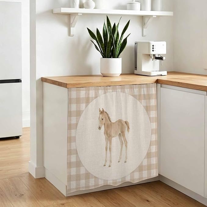 Graceful Pony Cabinet Dishwasher Hidden Curtains, Privacy Closet Door Curtain, Retro Natural Horse Farmhouse Plaid Rustic Adhesive Dust Proof Under Sink Skirt for Bathroom Kitchen 35"x35"