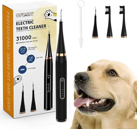 Opdent Dog Plaque and Tartar Remover - Dog Tooth Brushing Kit Electric Toothbrush for Dogs,5 Adjustable Mode& 3 Cleaning Head, Plaque Remover for Teeth Stains for Dogs and Cats (Deep Black)