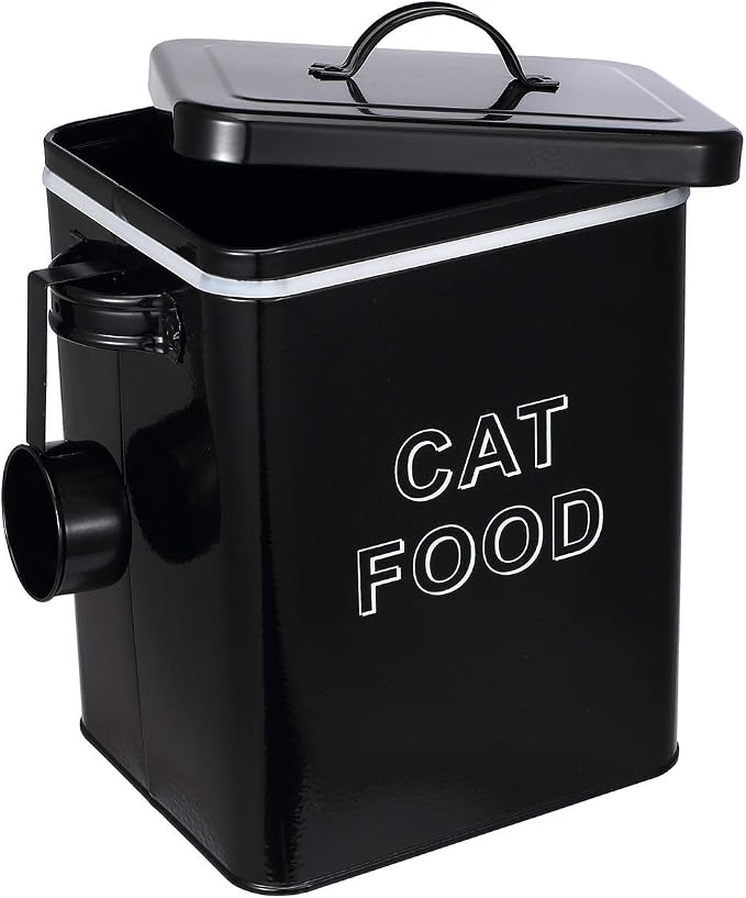 Morezi Metal Cat Food Container with Scoop 5-7 lb, Airtight Pet Food Bin | 25 Cups Cat Kibble Canister with Food Scoop, Sturdy Iron Body, Powder Coated, Airtight Bamboo Lid, Two Side Handle-Black