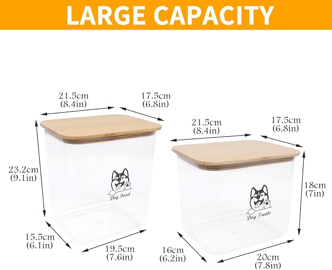 Pet Food Storage Containers, 2Pack Airtight Plastic Dog Cat Food Storage Container with Bamboo Lid,Dog Treat Container Jars Set,Treats Canister for Kitchen or Countertop,BPA Free, Clear