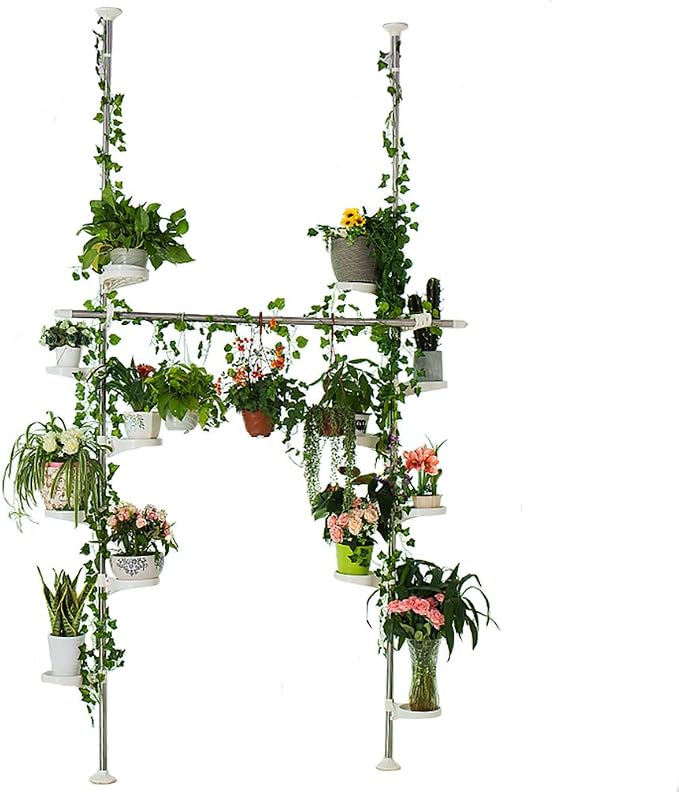 BAOYOUNI Spring Tension Pole Plant Stand, 12 Trays Metal Flower Rack，Ivory | Corner Floral Pot Storage Shelf Space Saver with Adjustable Height & 2 Hooks for Home Garden Decor