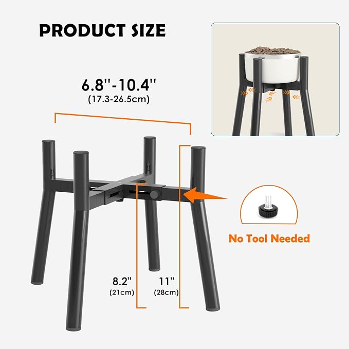 Adjustable Raised Dog Bowl Stand for 7-10.6" Diameter Food & Water Bowls - 11" Tall Elevated Feeder for Improved Comfort & Posture (Bowl Not Included)