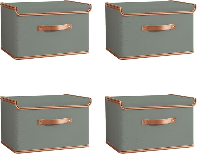 Tuza 4 Pack Storage Bins with Lids, Collapsible Closet Organizer Container, Fabric Organizer Box with Handles, Decorative Storage Boxes with Lids for Organizing Clothes, Blanket, Grey, Large