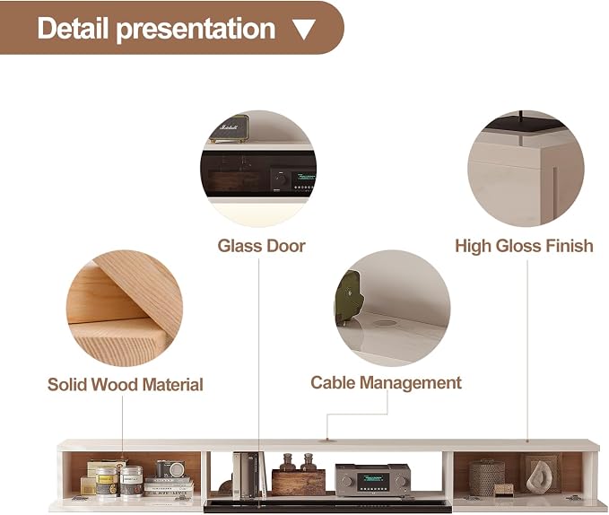 FurniNova 70 inch Floating TV Stand, Modern PET High Gloss Wall Mounted Media Console with Glass Door, Plywood Entertainment Center for 75 inch TV,White