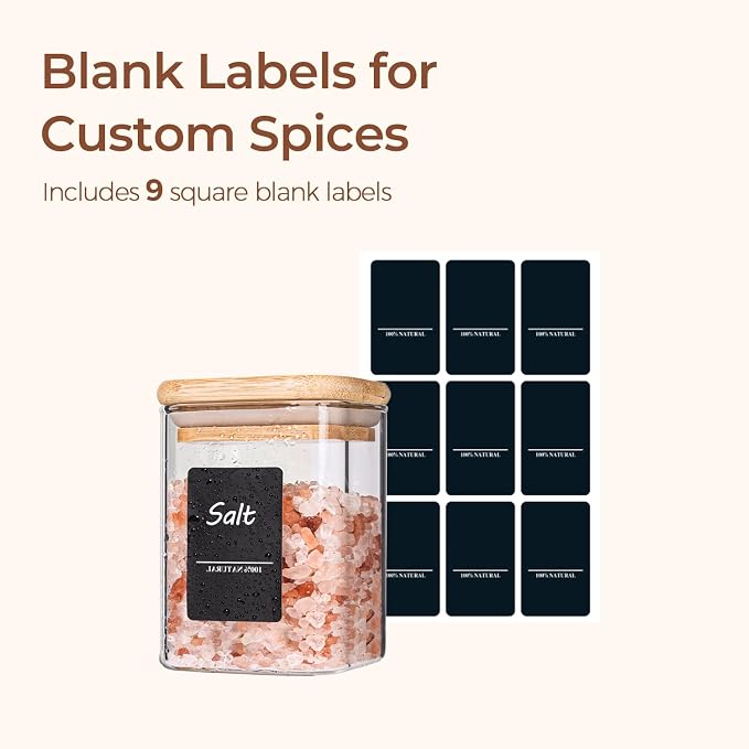 ComSaf Glass Spice Jars 8oz Set of 6, Seasoning Containers with 9 Labels | Small Glass Jars with Labels, Empty Rectangle Canisters, Spice Rack Organization, Loose Tea, Herb, Powder, Dry Good, BPA Free