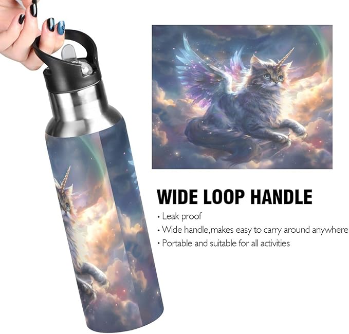 Unicorn Cat with Wings Water Bottle with Straw Lid Kids Insulated Stainless Steel Water Flask Sports, 20 Oz Hot Cold