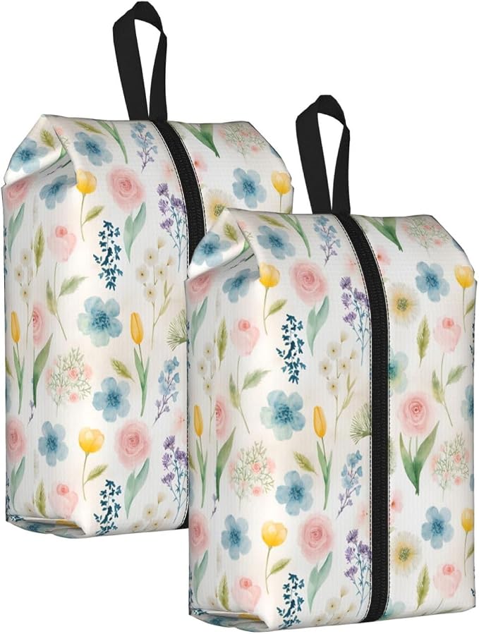 Watercolor Floral Rose Tulip Travel Shoe Bag for Men & Women, Waterproof Shoe Storage Organizer with Zipper, Portable Shoe Pouch for Sneakers, Heels, Sandals, Gym & Travel Luggage 2PCS