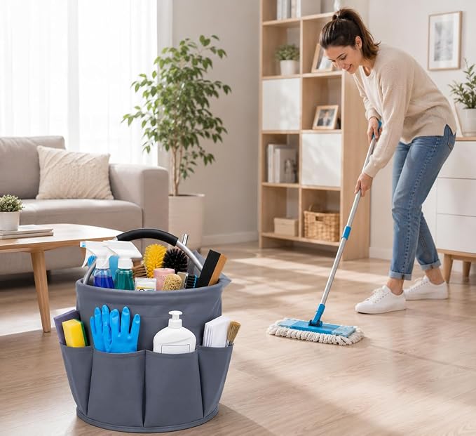 Cleaning Caddy with Handle, 17L Foldable Storage Basket, Heavy Duty 600D Oxford Cloth Organizer, Portable Supply Bag, Multi-Purpose Supplies Caddy for Home, Bathroom, Kitchen, Garden - ( Dark Gray )