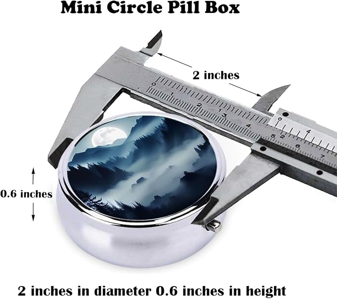 Pill Box, Small Pill Organizer with 3 Compartments and Mirror, Cute Round Portable Travel Metal Pill Case for Pocket or Purse, Privacy-Protecting Medicine Box-Moutain Moon Blue Black