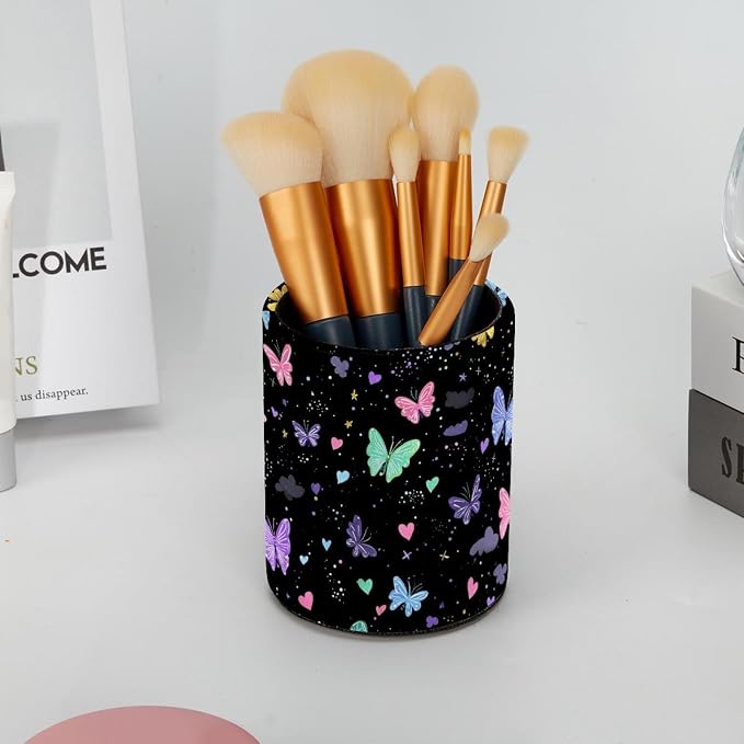 Faux Leather Pen Holder for Desk, Pencil Organizer Colorful Butterflies Pen Cup Desk Decor Makeup Brush Holder Storage for Office Home