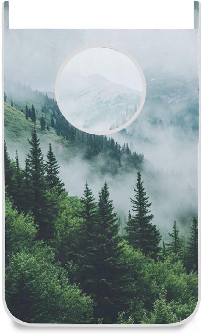 1PC Hanging Laundry Hamper Bag Over the Door Laundry Hamper Wall Hamper Large Dirty Clothes Hamper with Stainless Steel Hooks 29.5x20Inch Foggy Green Mountains and Trees