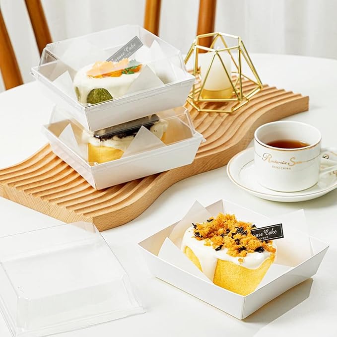 ZORRITA 100 Pack 5 Inch Paper Charcuterie Boxes with Clear Lids, White | Small, Square, To Go Food Containers, Bakery Boxes, For Mini Cake, Desserts, Cookies, Sandwiches, Strawberries