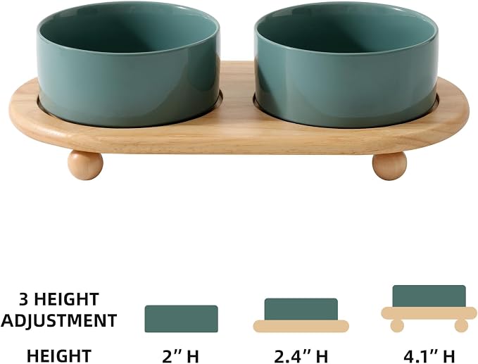Havniva Raised Cat Bowl, 6.1” Elevated Ceramic Cat Food and Water Bowl Set | Cat Bowls Elevated, Whisker Friendly Cat Bowl, Non-Slip Wood Stand, Food-Grade Ceramic, Wide Opening, Dishwasher Safe