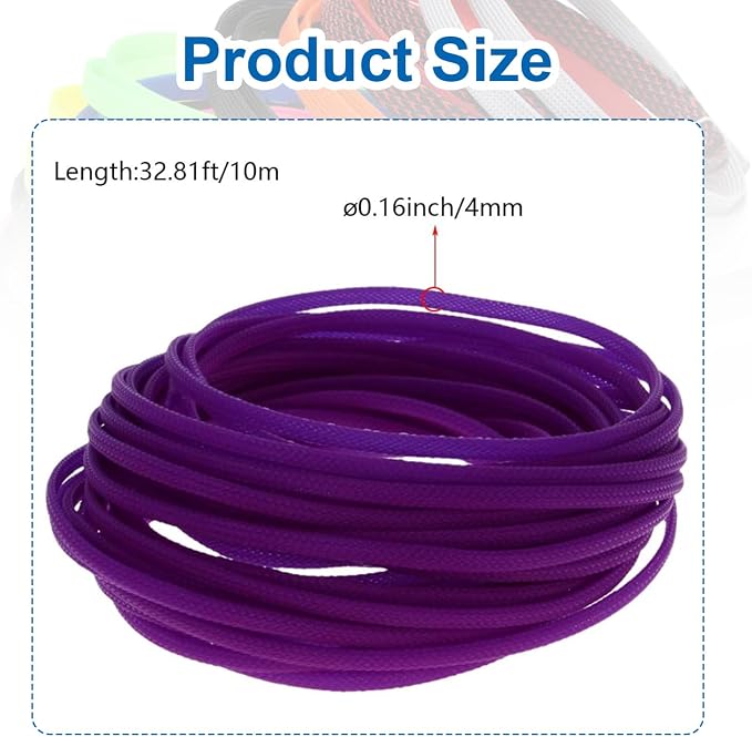 Heyiarbeit 10m/32.8ft PET Expandable Braid Cable Sleeving Flexible Wire Mesh Sleeve Purple 4mm