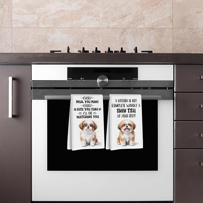 2 Pcs Funny Dog Kitchen Towels, Cute Shih Tzu Decorative Absorbent Microfiber Dish Cloth Tea Towel, Waffle Soft Hand Towels for Kitchen Home Bathroom Decor, Dog Lover Gifts