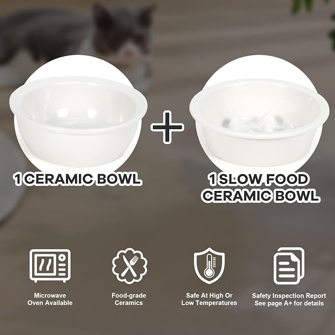 LEAWALK Upgraded Adjustable Height Cat Food Bowls Stand Ceramic Dog Bowls and Slow Feeder Cat Bowl, 15°Tilted Stand Anti Vomiting Raised for Small and Medium Sized Cats Dogs (White)