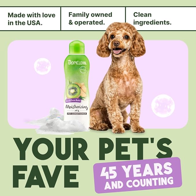 TropiClean Dog Conditioner, Professional Detangling & Moisturizing Conditioner, Puppy Safe, Made in the USA, Kiwi & Cocoa Butter Scent, 2.5 Gallon