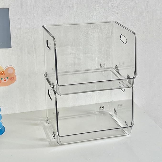 SHINEOFI Stackable Desktop Storage Box with Handles 2Pcs Small PET | Dresser Desktop Use, Multipurpose Organizer for Books and Food, Easy to Clean, Compact Tabletop Set