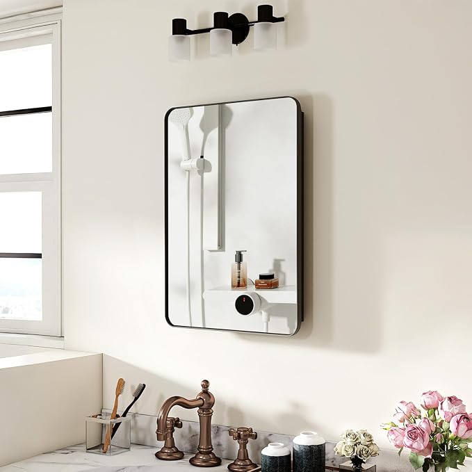 20x28 in Bathroom Medicine Cabinet with Mirror, Matte Black | Fully Assembled; Recessed or Surface Wall Mount; Metal Cabinet with Tempered Glass Mirror and Two Adjustable Glass Shelves