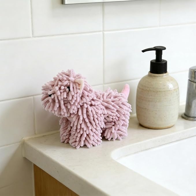 Cute Dog Chenille Hand Towel, 3D Puppy Hangable Fuzzy Ball Hand Towel Microfiber Super Soft Absorbent Bathroom & Kitchen Towels with Hanging Loop, Can Be Placed on the Sink Countertop (Pink+Pink)