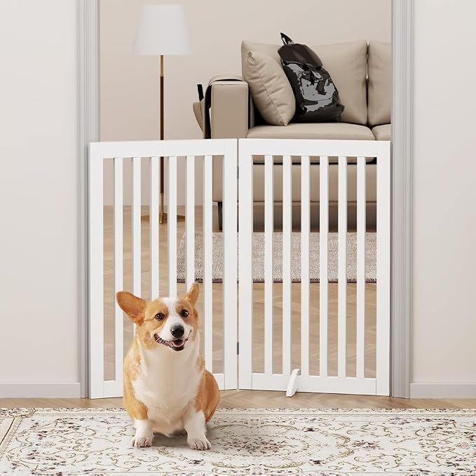 unipaws 36”H Free Standing Pet Gate for Dog Cat, 40”Wide Wooden Dog Gates | Foldable Pet Fence for Doorway, Stairs, Step, Expandable Doggy Barrier, Room Divider, Indoor Use, White