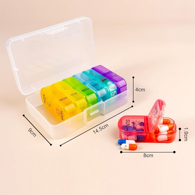 Travel Pill Organizer 7-Day for Purse Pocket, Daily Medicine Case | Box with 14 Compartment Weekly Meds Container Reminder Planner AM PM Hold Medicine, Vitamin, Supplement, Fish Oil, Colorful