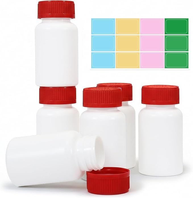 6 Pack 5oz Travel Pill Bottles - White Food Grade Plastic with Screw Caps & Labels, Small Pill Organizer for Pills, Vitamins, Capsules