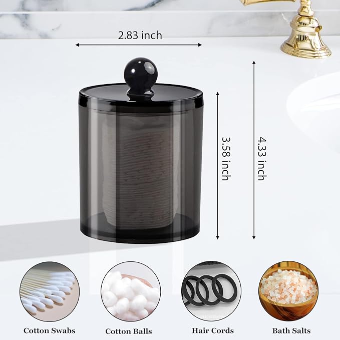 SheeChung 2-Pack Qtip Holder,Clear Black Acrylic Apothecary Jar,Bathroom Jars with Lids - Shatterproof Qtip Holder Dispenser for Bathroom Vanity - 10oz Small Cotton Ball & Swab Storage Canisters