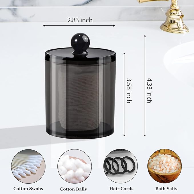 SheeChung 3 Pack Black Qtip Holder,Acrylic Apothecary Jars with Lids | Q Tip Holder with Labels,Shatterproof Bathroom Organizer Set for Cotton Swabs,Balls,Pads,Bathroom Accessories
