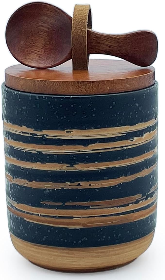 10oz Ceramic Food StorageContainer with Lid & Spoon,Sugar Bowl,Airtight Coffee Matcha Containe,Loose Leaf Tea Storage,Salt Cellar,Spice Jar(Black Spiral Pattern)