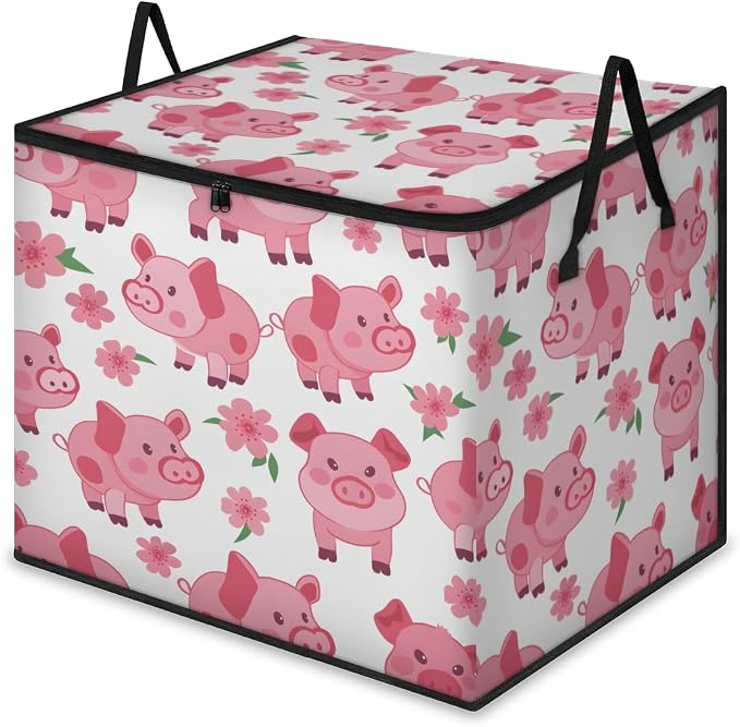 Pig Large Storage Bags, Fabric Bed Storage Containers, Foldable Closet Organizers for Blanket, Clothing, Comforter, Bedding, Pink