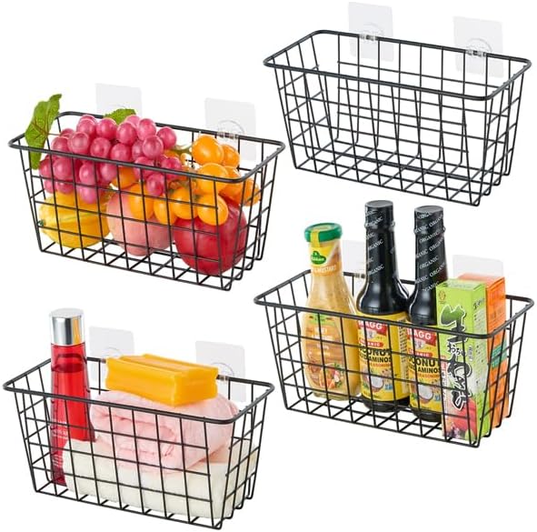 JUNCHU CHERRY 4 Pack Hanging Sorage Basket, Bathroom Basket, Household Goods, with Traceless Tape, no Drilling, for Cabinet Storage, Kitchen, Bathroom, Storage Room,Black
