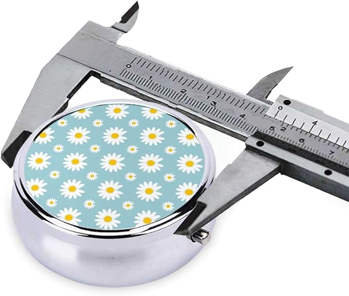 Travel Pill Organizer, Small Round Case with Mirror, Portable Pill Box for Fish Oil Vitamins, Pocket Purse Carry for Commuters, Floral Daisy Flowers Purple