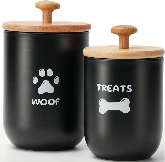 Dog Treat Container Set of 2, Dog treat jar with Airtight Lid, Small dog food container, Dog Cookie Jar for kitchen Counter, Treats Canister, Pet Treat Container 8.3x4.9 & 7.1x4.3 (Black)