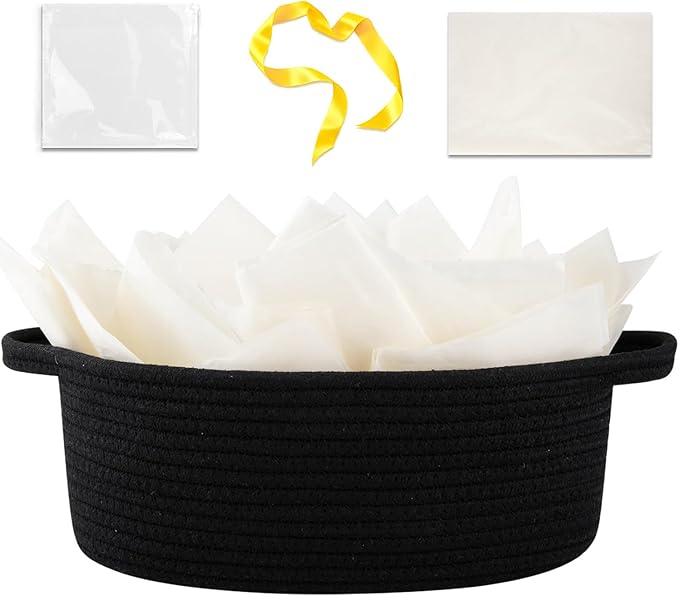 OIAHOMY Gift Basket with Handle, Small Woven Basket with Gift Bag, Ribbon and Wrap Tissue Paper, Nursery Bins Empty to Fill with Small Items, Baby, Pet Toy Organizer - Black