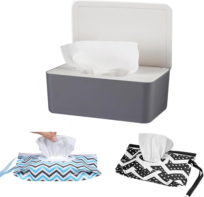 Wipes Dispenser Set,1 Wipe Box & 2 Portable Pouches,Grey-White | Refillable Reusable Large Wet Wipe Holder, Flushable Wipes Case Bathroom Wipes Container for Pet Nursery Kitchen Office