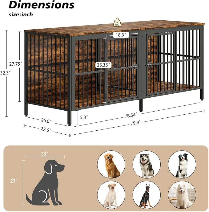 80" Dog Crate End Table, Heavy Duty 2-Door Indoor Pet Kennel, Rustic Brown, MDF and Iron, TV Stand or Side Table for Living Room