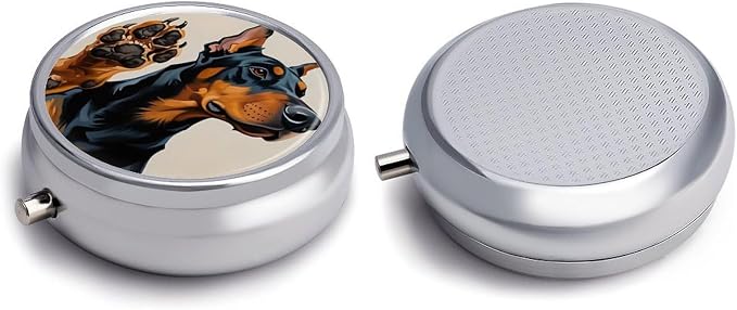 Doberman Paw Art Dog Metal Pill Organizer with Mirror, 3-Compartment Travel Pill Box, 2-Inch Round Pocket Medicine Case with Secure Latch, Portable Vitamin Holder for Women & Men