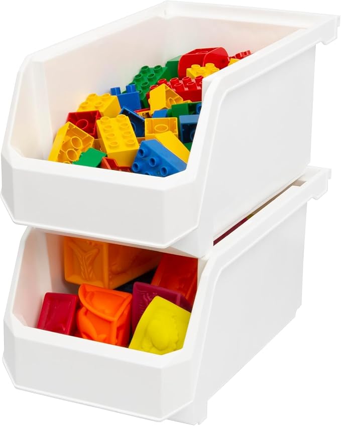 Large Stackable Plastic Storage Bins, 6-Pack, White | Open-Front Stackable Bins For Garage, Pantry, Closet & Office, 14,8"L X 8"W X 7"H, Nests When Empty, Durable Plastic,