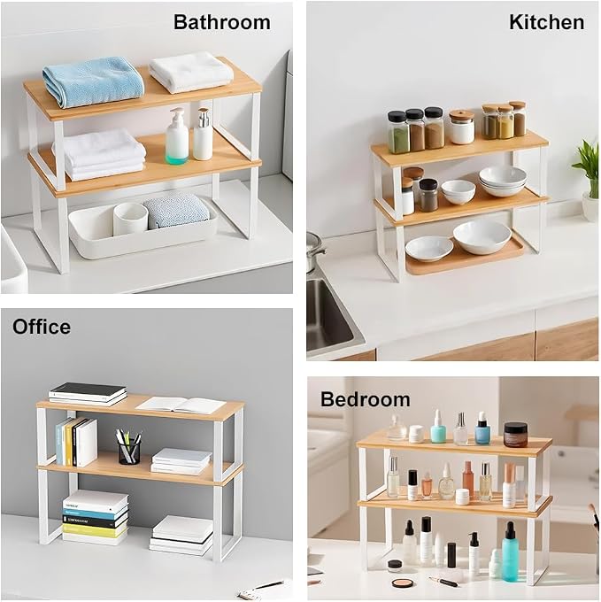 DOUKE Cabinet Organizer Shelf, Set of 2 Kitchen Counter Shelves, Kitchen Storage, Spice Rack, Stackable, Expandable, Metal and Engineered Wood, 15.6", White | Expandable and Stackable