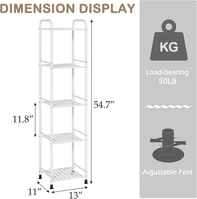 JSB 5 Tier Narrow Bathroom Shelving Unit, Kitchen Storage Rack Organizer Metal Corner Shelf for Living Room Laundry Pantry (Matte White, 5 Tier)