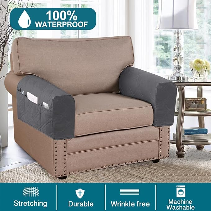 2-Pack Waterproof Armrest Covers for Couches & Chairs – Anti-Slip Furniture Protectors with Side Pockets, Washable Sofa Arm Covers, Universal Stretch Fit (Fits Most Armrests)(Gray)