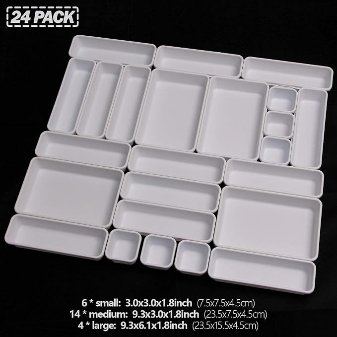 Set of 24 Interlocking Desk Drawer Organizer Tray Dividers Plastic Shallow Narrow Drawers Organizers Separators Storage Bins Container for Kitchen Bathroom Makeup Office Vanity Bedroom Dresser White