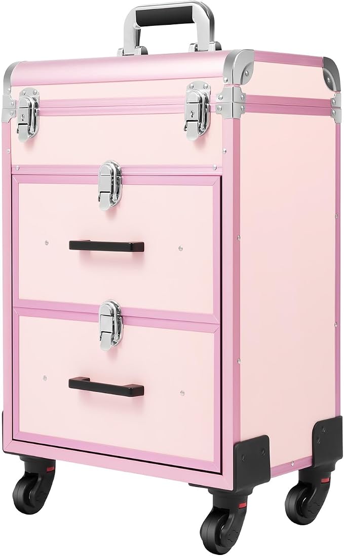 Professional Rolling Makeup Train Case, Large Cosmetic Trolley with Three-Gear Telescopic Pull Rod for Hairdressers, Pet Beauticians Bearing Capacity 110.23 Lbs 22.4 x 14.2 x 9.1 Inch Pink