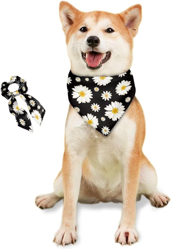 COEQINE Daisy Black Dog Bandnas 2 Pack Mother Day Dog Bandana and Bow Hair Tie Holder Set/Triangle Reversible Bibs Breed for Puppy Pets Birthday Christmas