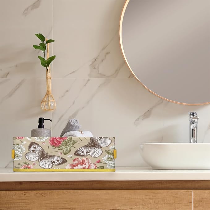 Flowering Butterfly Plants Bathroom Storage Basket, Foldable with Handle Open Countertop Paper Towel Decorative Box, Toilet Tank Top Shelf Baskets for Home Closet Bedroom Living Room Office